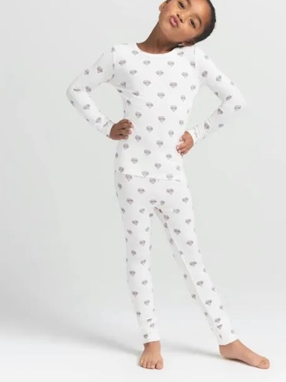 SKIMS White Heart-Print Kids Long Sleeve Pajama Set